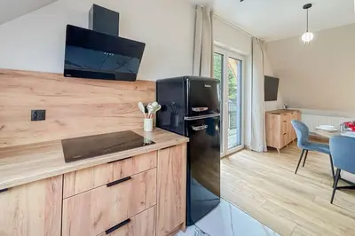 a kitchen with a black refrigerator and a table at Apartament Ptasi Śpiew 2 in Rabka