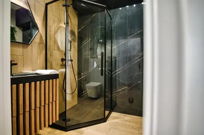 a shower with a glass door in a bathroom at Apartament Lider 41 by Housine in Zator