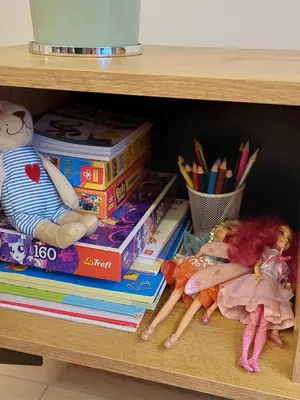 a book shelf with books and dolls on top at Apartament Aktorów Bronowice in Kraków