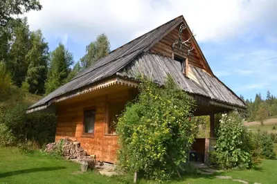 a log cabin with a black roof at Domek w górach SmoLenisko in Nowy Targ
