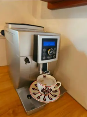 a coffee espresso machine with a cup on a plate at Alpakowy raj in Nowy Targ