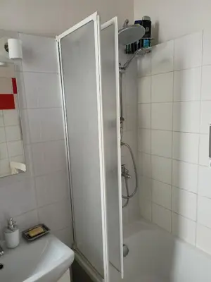 a small bathroom with a sink and a shower at Plantyna in Kraków