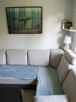 a couch in a living room with a picture on the wall at Pod Wielorybem in Jaworzno