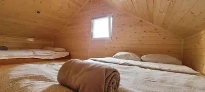 a room with two beds in a wooden cabin at Noclegi u Eli Zator Energylandia in Zator