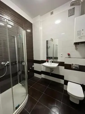 a bathroom with a sink and a shower and a toilet at Batorego Lovely Rooms in Kraków