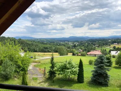 a view of a green field with trees and mountains at Ranczo Borówka in Łapanów