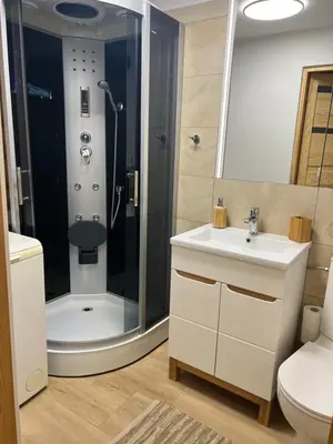 a bathroom with a shower and a sink and a toilet at Ranczo Borówka in Łapanów