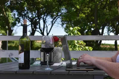a person sitting at a table with a laptop and a bottle of wine at Domek na Winnicy Zagrabie in Rybna