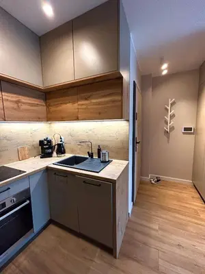 a kitchen with wooden cabinets and a sink at Apartament Novo 46 in Kraków