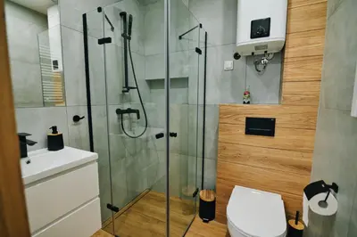 a bathroom with a shower and a toilet at Noclegi u Szymonków Zator Przeciszów in Zator