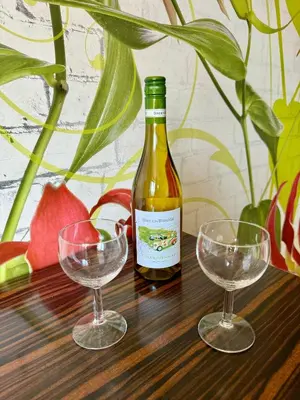a bottle of wine and two wine glasses on a table at Stylowe studio z parkingiem - 3 minuty od Dworca & Galerii Krakowskiej in Kraków