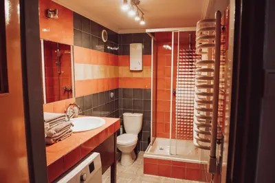 a bathroom with a sink and a toilet and a shower at Kraków Wawel Zwierzyniecka in Kraków