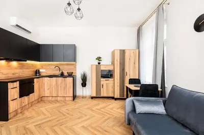 a living room with a couch and a kitchen at City of the Kings-Poselska 24 in Kraków