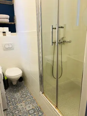 a bathroom with a shower and a toilet at Długa apartament in Kraków