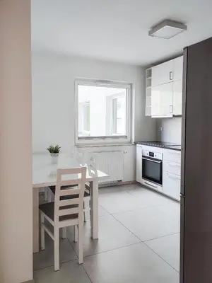 a kitchen with a table and chairs and a window at Apartment Szwed-Sniadowskiej Residence in Kraków