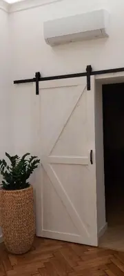 a sliding barn door in a room with a potted plant at JUWEL Apartments Kraków z widokiem na Wawel ap 31 in Kraków