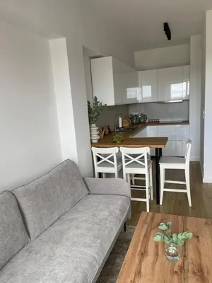 a living room with a couch and a kitchen at APARTAMENT AMZOHA in Zator