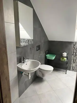 a bathroom with a sink and a toilet and a mirror at Noclegi Grojec in Grojec