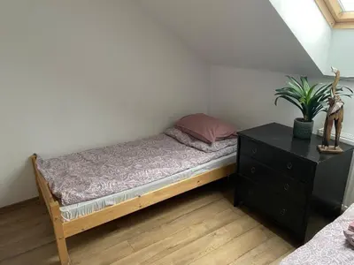a bedroom with a bed and a dresser with a plant at Noclegi Grojec in Grojec