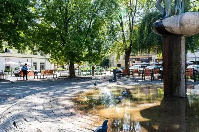 a fountain in a park with birds in the water at City Lights Mostowa 6 in Kraków
