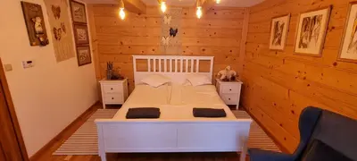 a bedroom with a white bed in a wooden room at Apartamenty Siedlisko pod Aniołem in Zubrzyca Górna