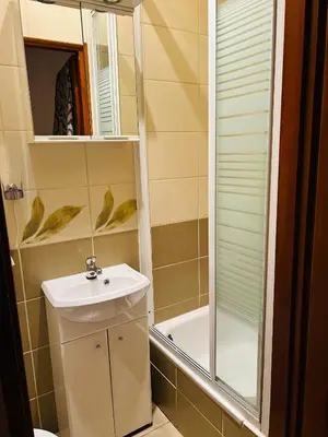 a bathroom with a sink and a shower at Retoryka in Kraków