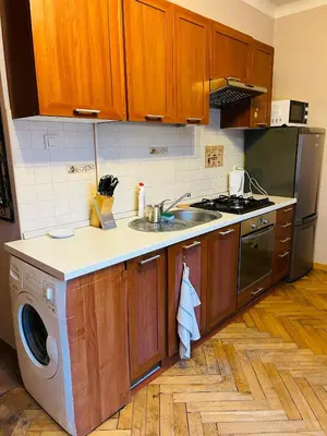 a kitchen with a sink and a washing machine at Retoryka in Kraków