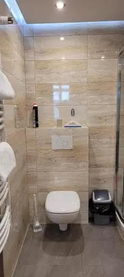 a small bathroom with a toilet and a shower at TLC Apartments Cracow in Kraków