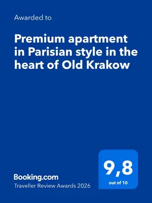 a screenshot of a phone with the text permanent appointment in parliament style in the heart at Premium apartment in Parisian style in the heart of Old Krakow in Kraków