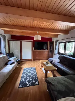 a living room with a couch and a table at Domek do wynajęcia in Poręba Wielka