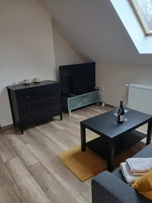 a living room with a tv and a table at Zielony Gaj in Gaj
