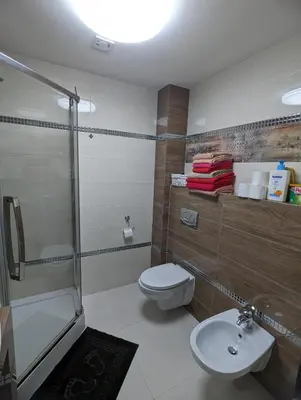 a bathroom with a shower and a toilet and a sink at Makowy domek in Maków Podhalański