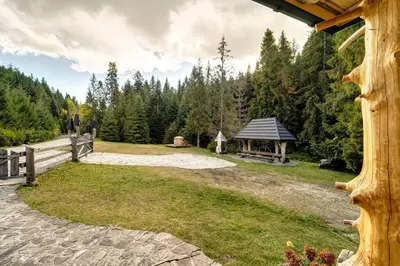 a view of a park with a gazebo at Bacówka Polanki in Obidowa