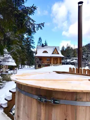 a log cabin in the snow with a building at Bacówka Polanki in Obidowa