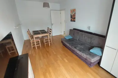 a living room with a couch and a table at Masarska Family Apartment free Parking in Kraków