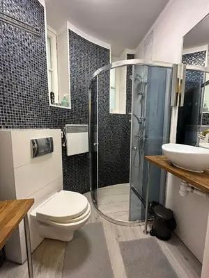 a bathroom with a shower and a toilet and a sink at City Centre Apartment Wielopole in Kraków