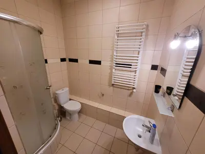a bathroom with a toilet and a sink and a shower at Złota Róża in Sędziszów