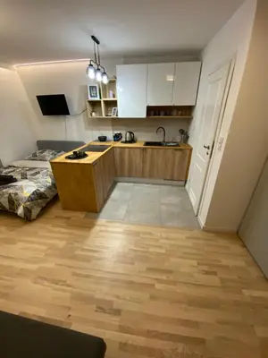 a room with a kitchen and a bed in it at Love Glow Studio in Kraków