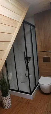 a bathroom with a glass shower with a toilet at Zawoja u Zbója in Zawoja