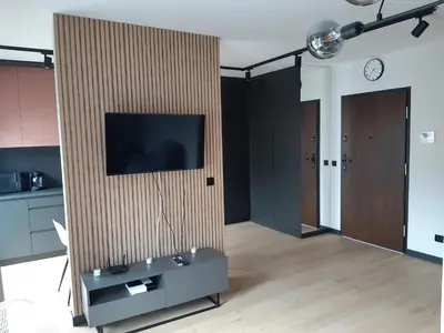 a living room with a television on a wall at Apollo Apartments Masarska 6 in Kraków