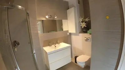 a bathroom with a sink and a shower and a toilet at COMFORT Apartment Pawia street - free parking !!! in Kraków