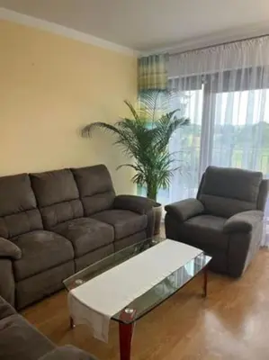 a living room with a couch and a coffee table at Noclegi Wilga in Gromiec