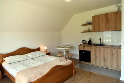 a bedroom with a bed and a small kitchen at Dobranocka Noclegi - blisko Energylandia in Spytkowice