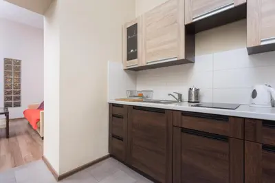 a kitchen with wooden cabinets and a sink at Luxor in Kraków