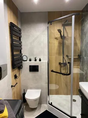 a bathroom with a shower and a toilet and a sink at St. Cross Apartment in Kraków