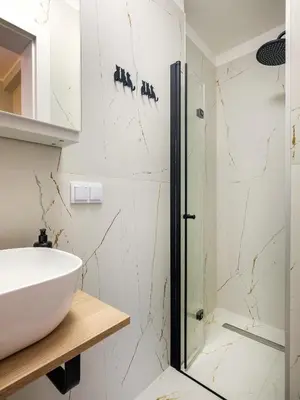a bathroom with a sink and a shower at Tyzenhauz Apartments Pawia Street in Kraków