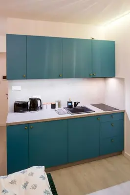 a blue kitchen with a sink and blue cabinets at Cosy and Stylish apartment in Kraków