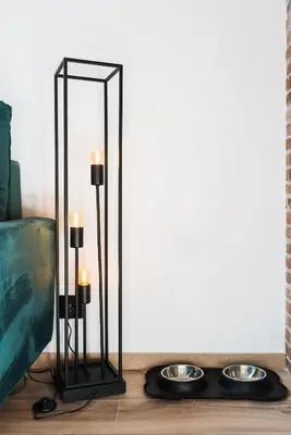 a floor lamp with two candles and two dog bowls at WAWELOFT APARTMENT in Kraków