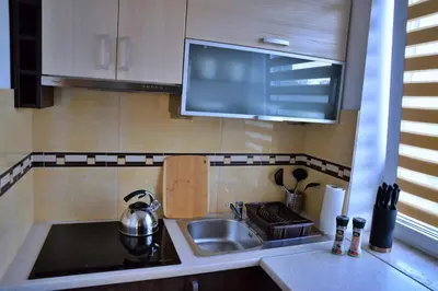 a small kitchen with a sink and a microwave at Ring Apartments - Kraków in Kraków