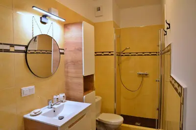 a bathroom with a shower and a sink and a toilet at Ring Apartments - Kraków in Kraków